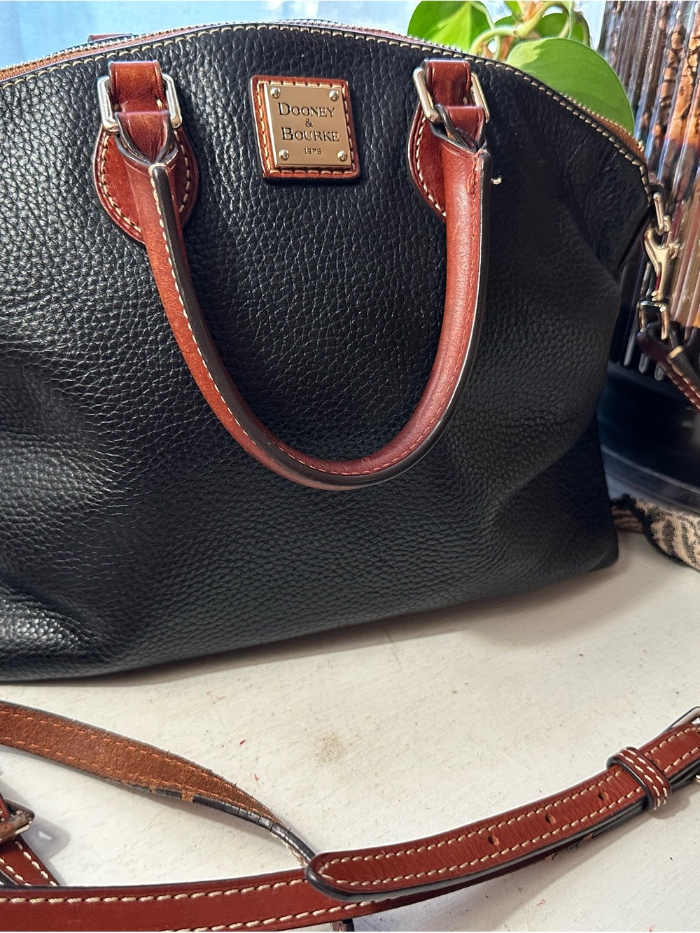 Dooney & Bourke Black Pebbled Leather Satchel with Brown Trim &  Crossbody Strap